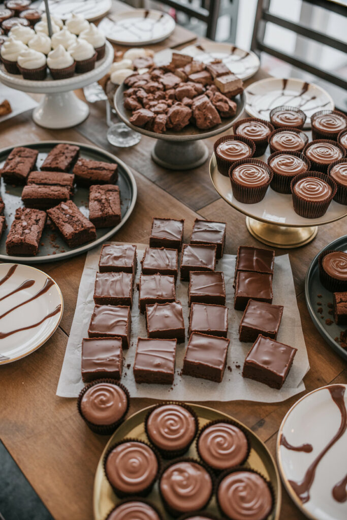 Assorted chocolate desserts arranged on a rustic board, including brownies, truffles, pretzel rods, and halved strawberries on parchment paper.