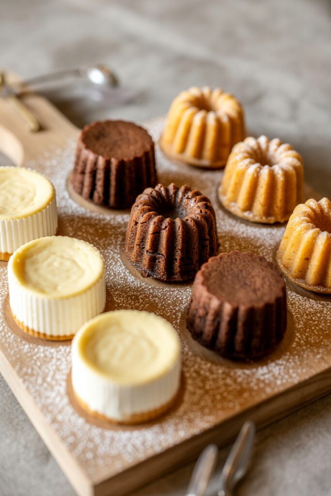 Mini cheesecakes, brownie bites, and tiny Bundt cakes arranged on a wooden board with a dusting of powdered sugar