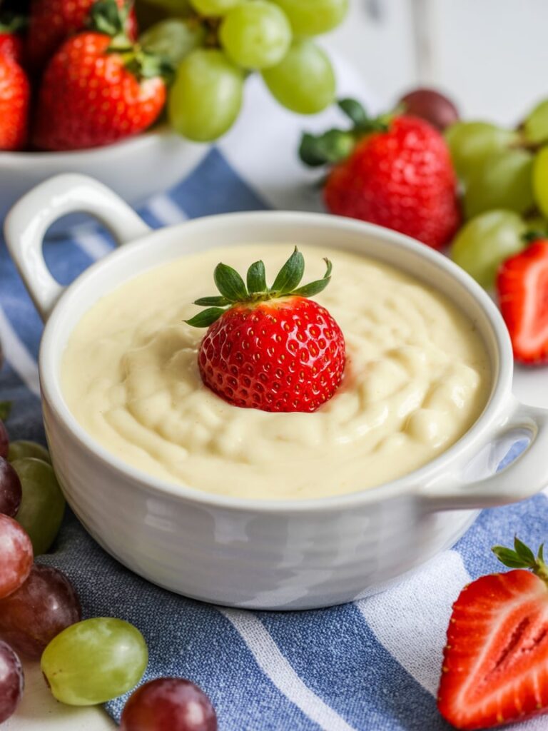Creamy cheesecake fruit dip topped with a fresh strawberry surrounded by grapes and berries on a blue striped cloth