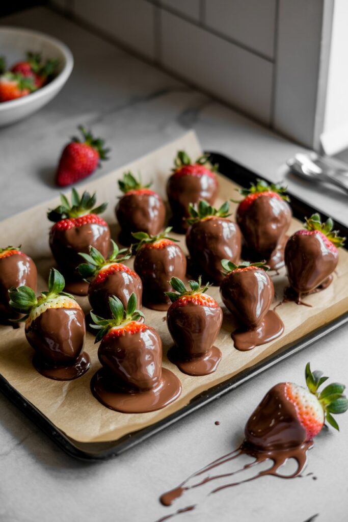Fresh strawberries coated in melted chocolate and set on a parchment-lined tray, with extra chocolate pooling around the bases.