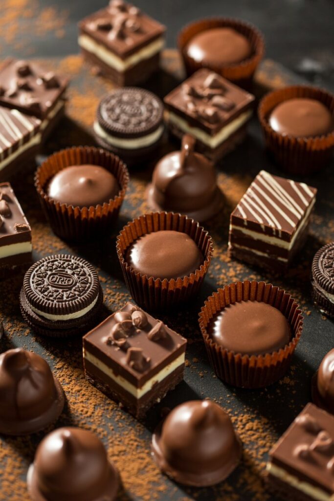 Rich chocolate mini desserts—mousse cups, Oreo truffles, rocky road squares, and chocolate bark—displayed on a dark wooden surface.