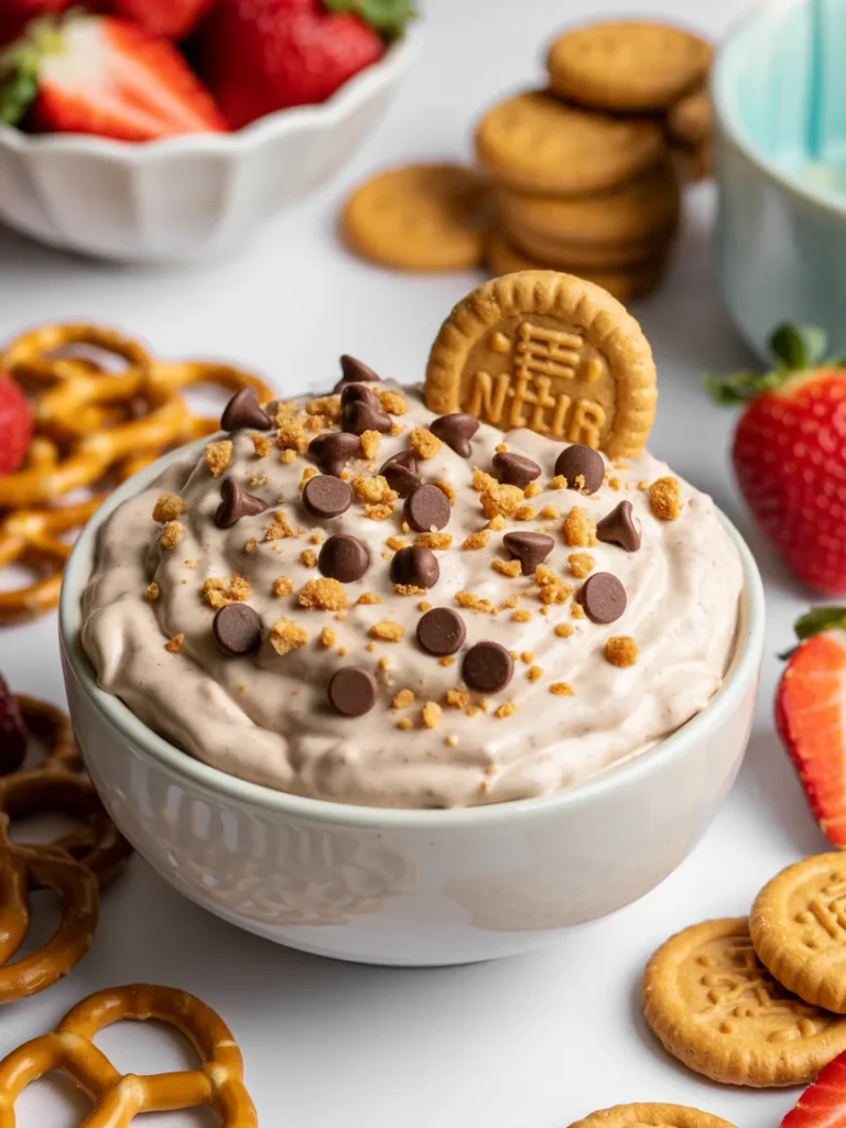Creamy cookie butter dip topped with chocolate chips and crushed cookies surrounded by pretzels and strawberries