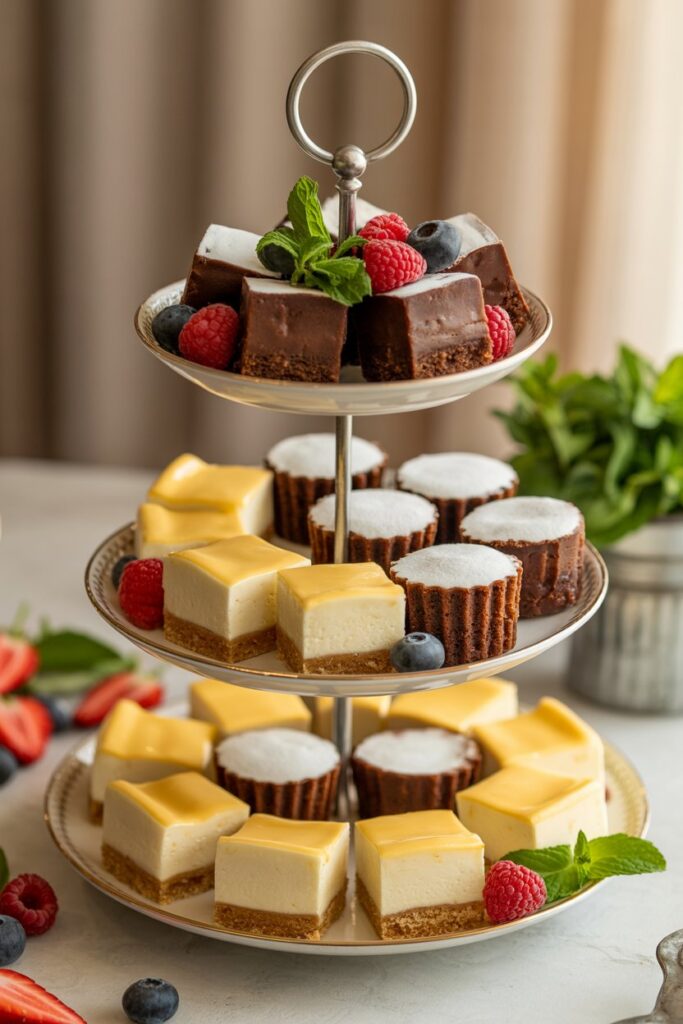 Tiered cake stand filled with mini cheesecakes, brownie bites, and lemon bars garnished with berries and mint.
