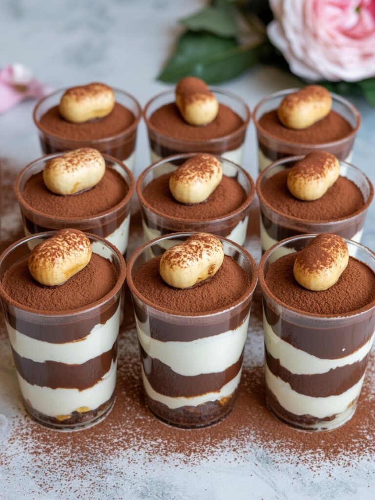 Individual tiramisu cups with layers of cream and cocoa powder topped with ladyfingers for an easy no-bake dessert