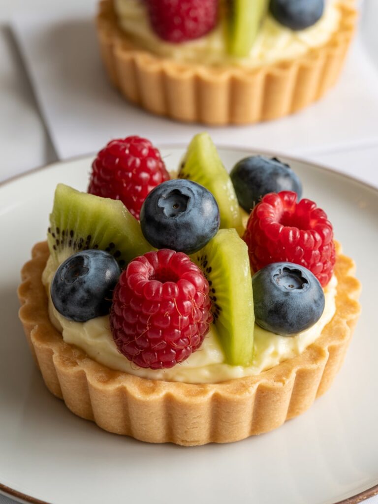 Mini fruit tart filled with creamy custard and topped with fresh kiwi, blueberries, and raspberries on a white plate