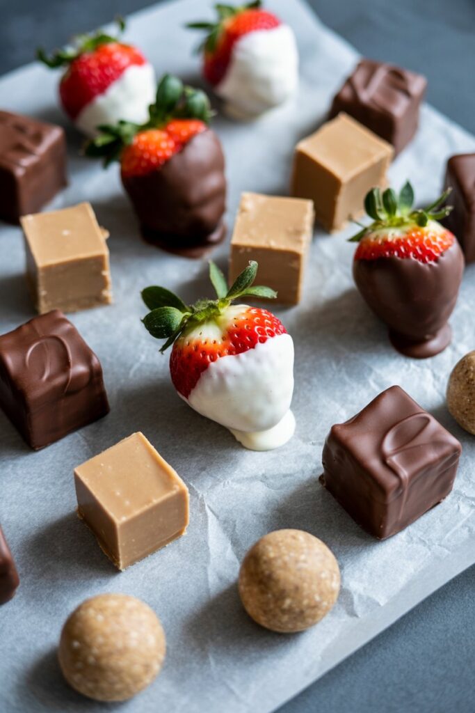 Chocolate-dipped strawberries, fudge squares, peanut butter bites, and energy truffles arranged on parchment paper.