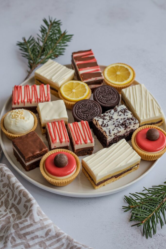 Dessert board featuring assorted freezer-friendly mini desserts styled for a casual gathering