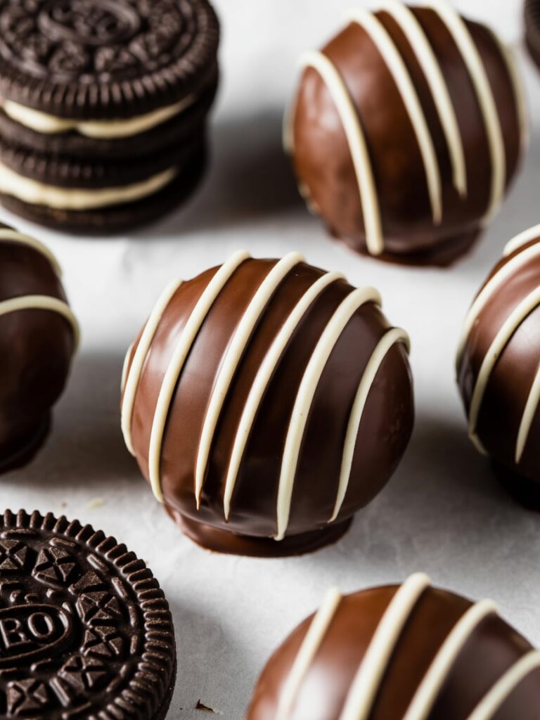 Chocolate-covered Oreo truffles drizzled with white chocolate, surrounded by stacked Oreo cookies on parchment paper