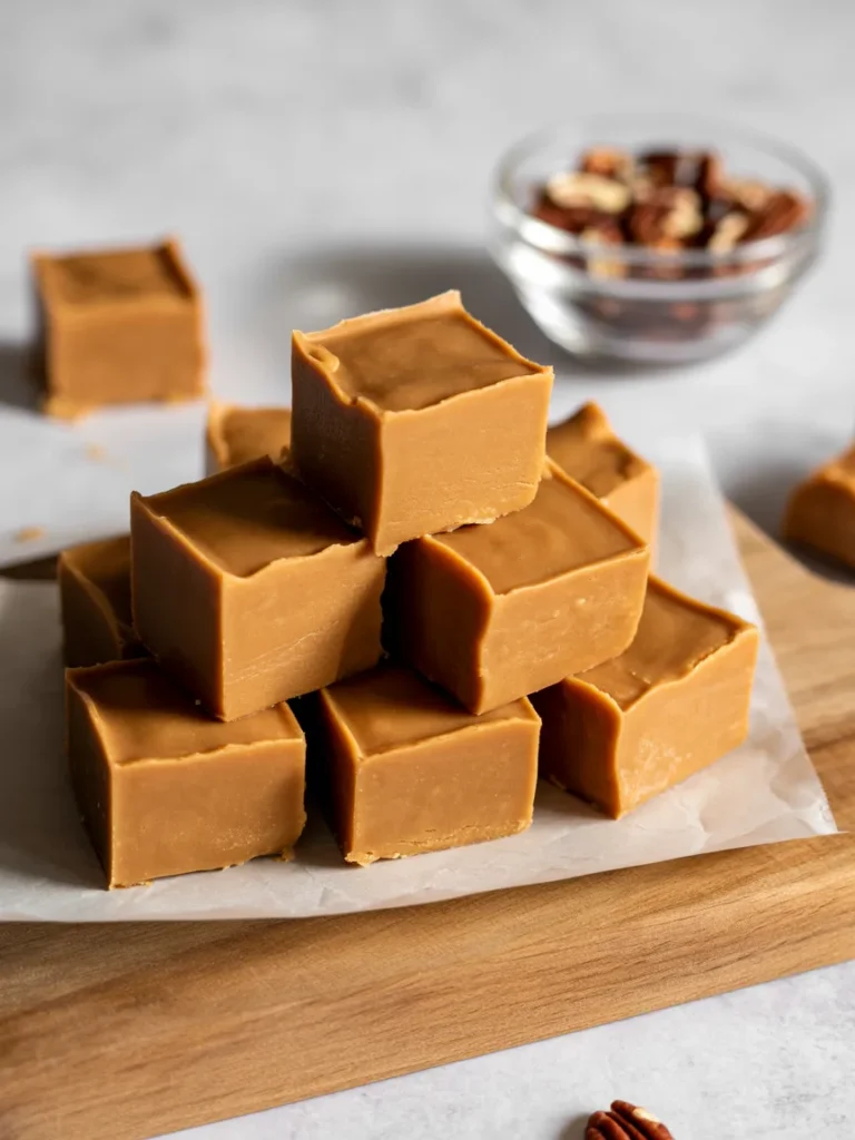 Peanut Butter Fudge Stack Creamy peanut butter fudge squares stacked on parchment paper with pecans in the background