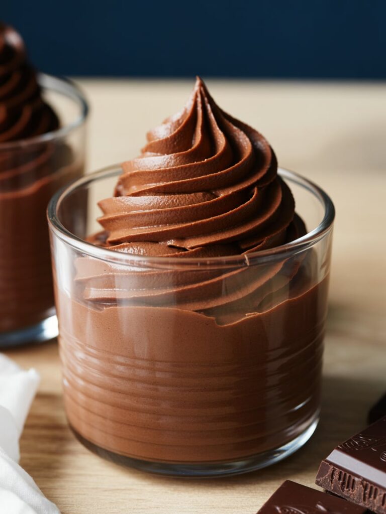Silky chocolate mousse swirled in a glass cup topped with a creamy chocolate peak