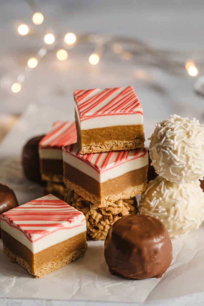 Assortment of holiday-inspired mini desserts including peppermint bark bites, pumpkin pie bars, coconut macaroons, and hot chocolate truffles