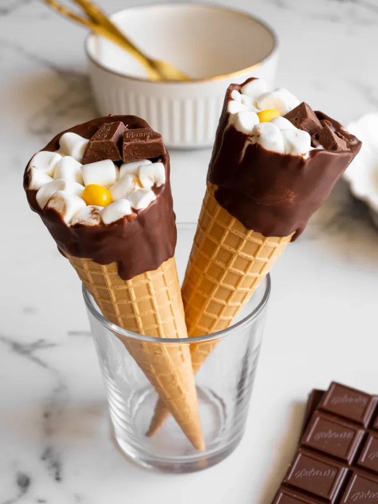 Waffle cones dipped in chocolate and filled with mini marshmallows and chocolate chunks for a quick s’mores dessert