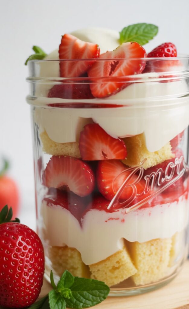 Layered strawberry shortcake parfait in a glass jar with whipped cream and fresh mint — an easy make-ahead no bake dessert for large groups.