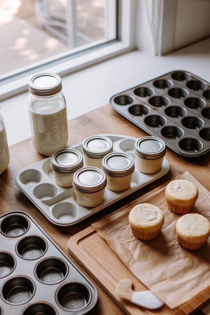Flat-lay of mini mason jars, silicone molds, a mini muffin pan, parchment paper, and a wooden charcuterie board.