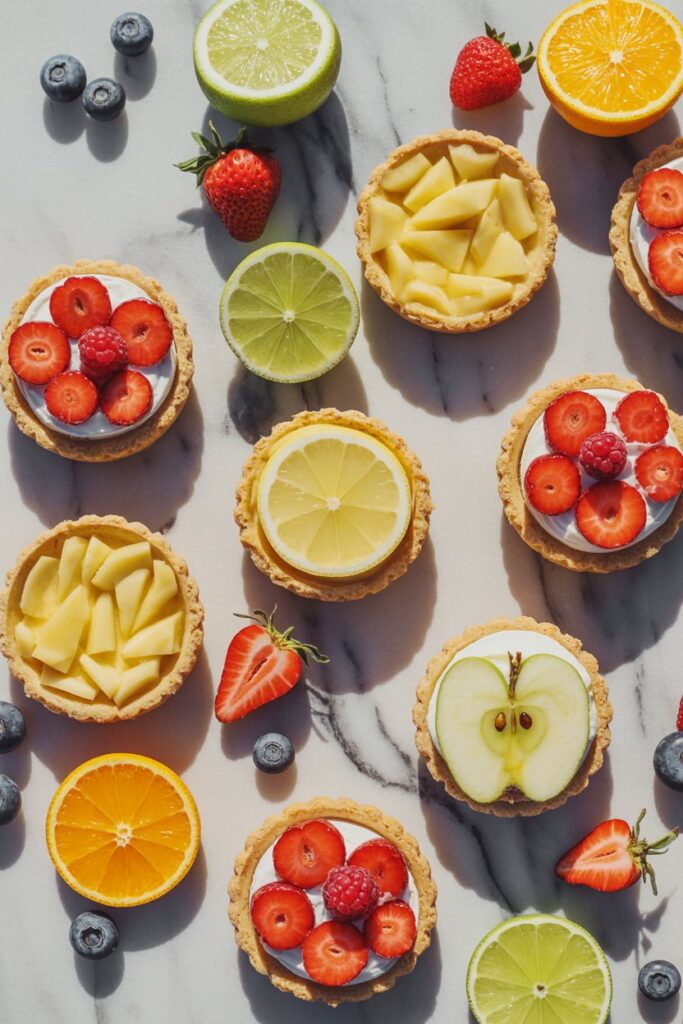 Mini fruit tarts, lemon bars, and small apple pies styled on marble with fresh berries and citrus slices.