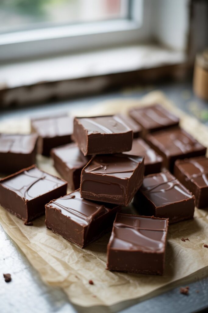 Rich chocolate fudge squares stacked on parchment paper near a window, showing smooth glossy tops and clean, sharp edges.