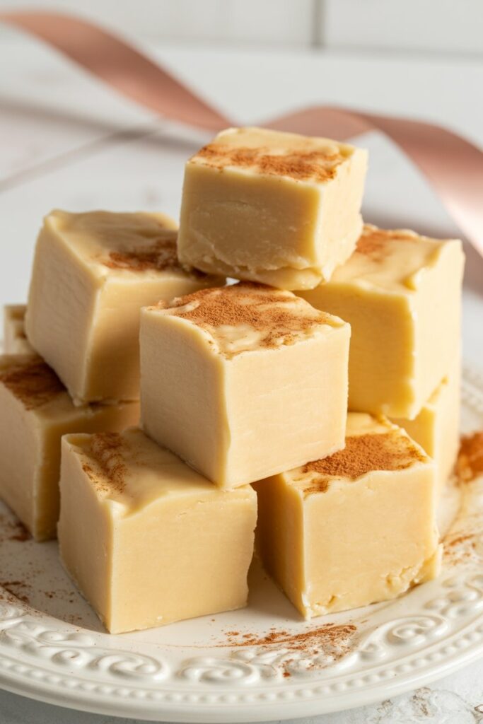 Stacked cubes of brown sugar cinnamon fudge dusted lightly with cinnamon.