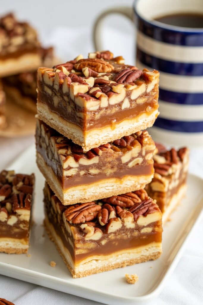 Stack of gooey caramel pecan bars with shortbread crust and rich caramel filling.