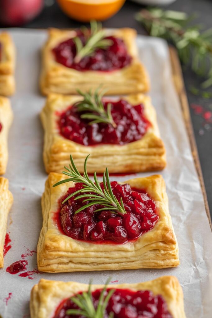 Golden puff pastry squares topped with cranberry sauce and rosemary sprigs.
