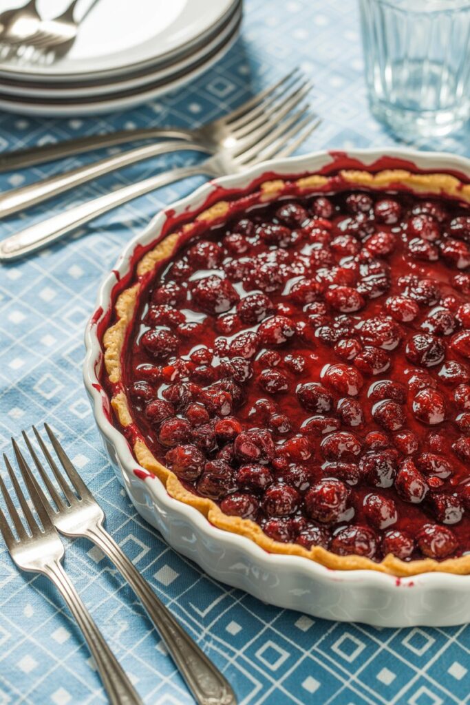Rustic cranberry cherry pie with glossy red filling and golden crust on a blue tablecloth.