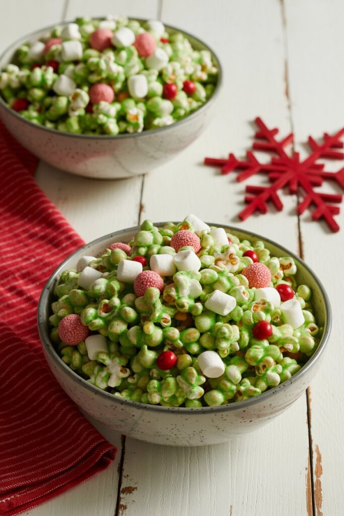 Bowl of green popcorn mix with marshmallows, red candies, and festive sprinkles.