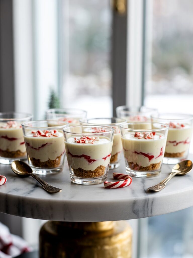Real life food photography of Candy Cane Cheesecake Shooters arranged on a marble dessert table,clear glass shooter cups filled with creamy peppermint cheesecake layers,crushed graham cracker crumbs and red-white candy cane bits,soft natural window light,winter holiday color palette,shallow depth of field,elegant minimal styling,tiny silver dessert spoons beside each cup,high-end festive party aesthetic,DSLR photography,sharp focus,no hands,no clutter