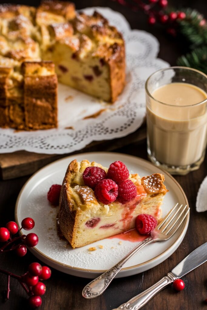 Slice of raspberry vanilla cake topped with fresh raspberries and dusted with powdered sugar.