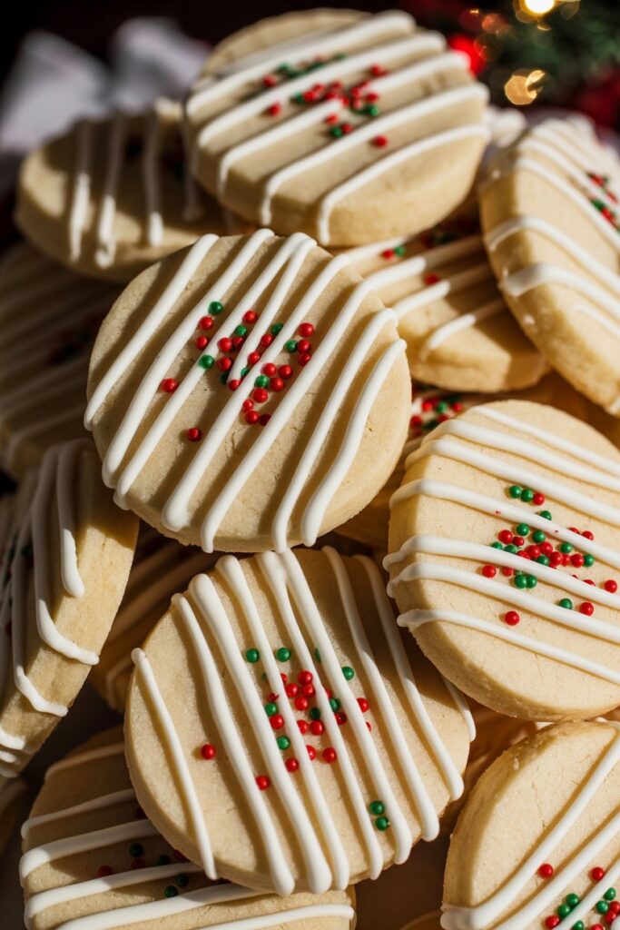 Stack of buttery shortbread cookies drizzled with white icing and red and green sprinkles.