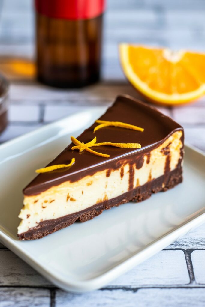 Slice of chocolate orange cheesecake bar with glossy ganache topping and orange zest garnish.