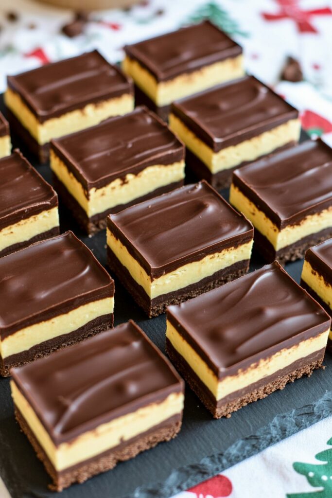 Layered Nanaimo bars with chocolate ganache topping and creamy custard filling on a chocolate base.