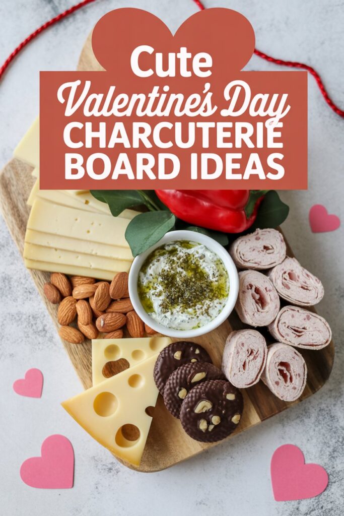Cute Valentine’s Day charcuterie board featuring sliced cheese, almonds, rolled turkey pinwheels, herb dip, chocolate-covered cookies, and a red bell pepper arranged on a wooden board with pink paper hearts around it.