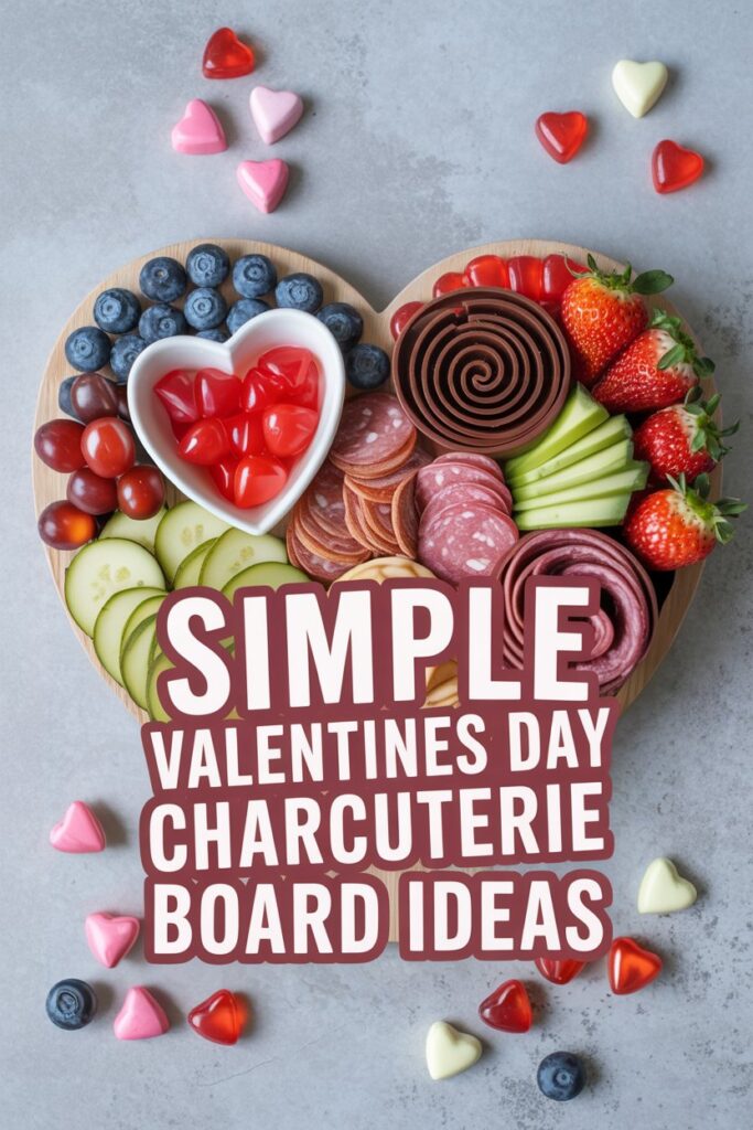 Heart-shaped Valentine’s Day charcuterie board filled with strawberries, blueberries, cucumber slices, salami, rolled chocolates, grapes, and red gummy hearts, styled with scattered candy hearts on a gray background.