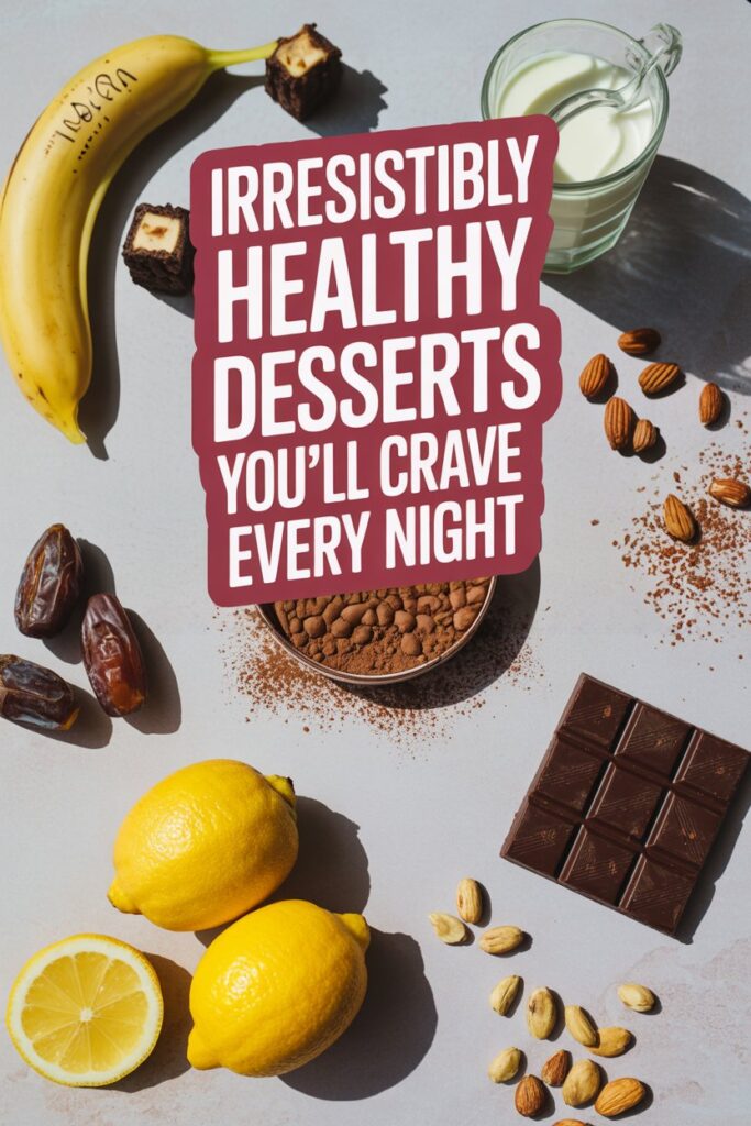Flat-lay of healthy dessert ingredients including bananas, dates, lemons, almonds, dark chocolate, cocoa powder, and a glass of milk arranged on a light surface