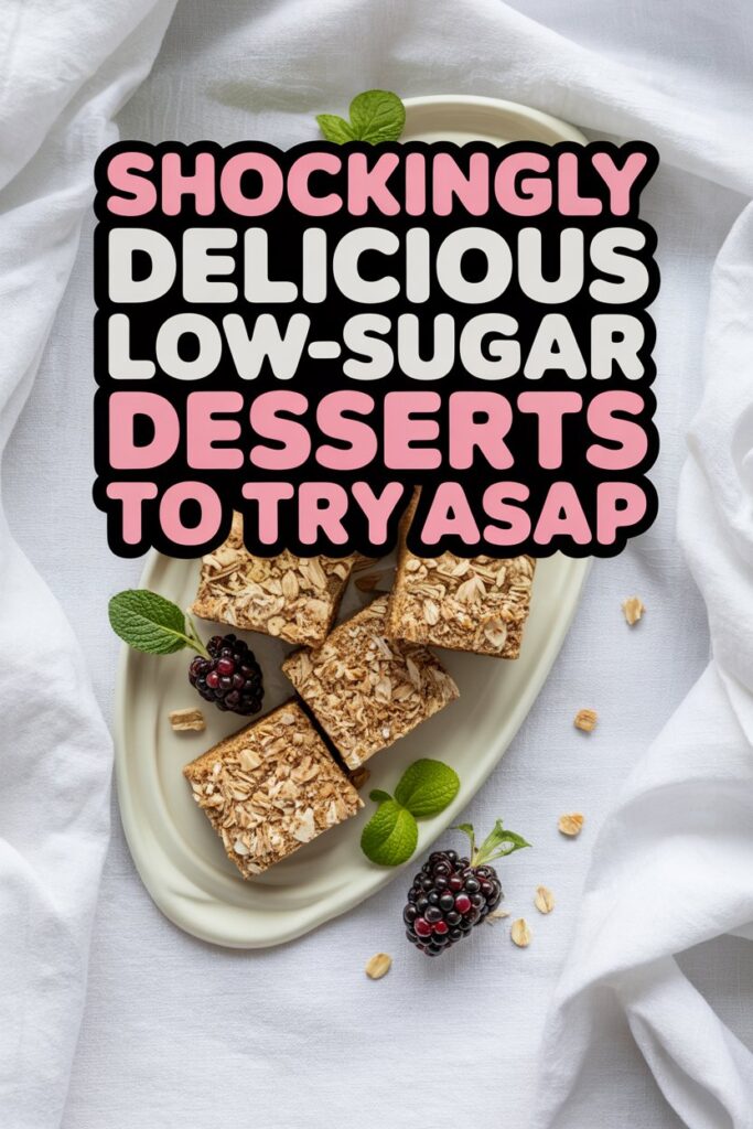 Overhead view of healthy oat dessert bars on a ceramic platter, garnished with fresh blackberries and mint leaves, displayed on a white linen background.