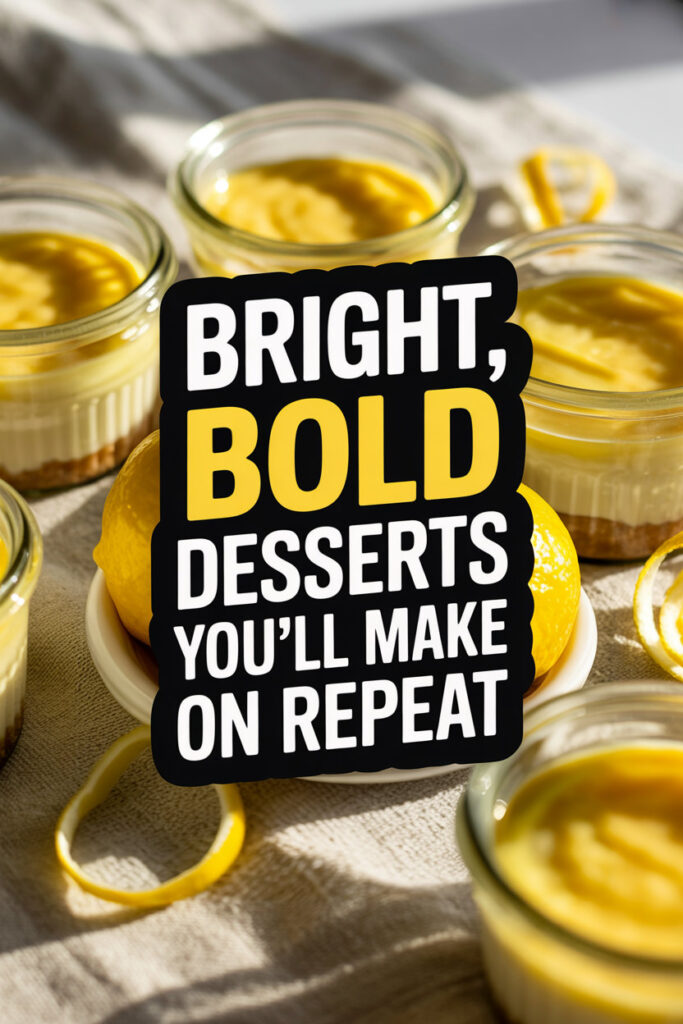 Small glass jars filled with bright yellow lemon pudding arranged on a sunlit table with fresh lemon slices nearby; bold text overlay reads “Bright, Bold Desserts You’ll Make on Repeat.”