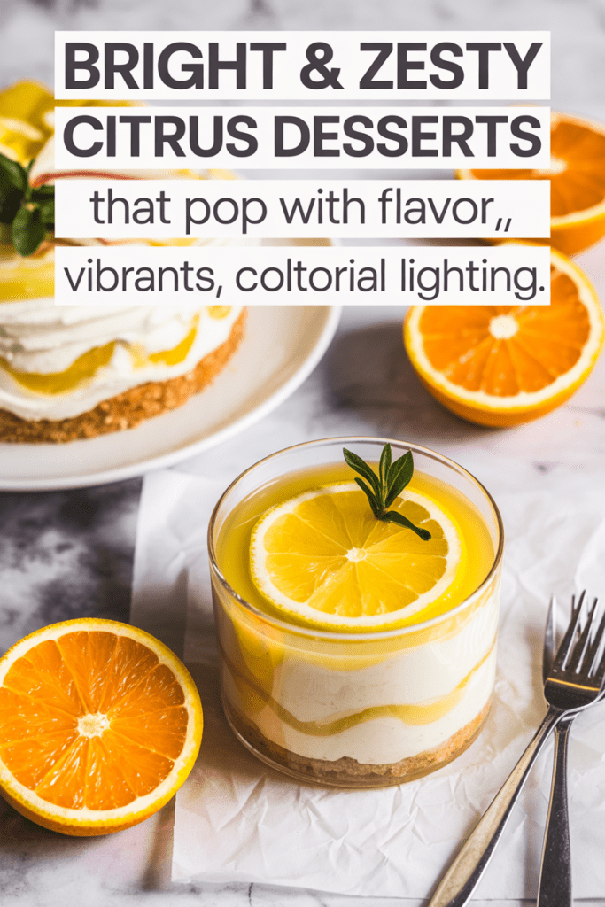 Real-life styled setup of assorted citrus desserts, including cakes, bars, and tarts arranged on a bright white kitchen counter with vibrant citrus slices, soft natural window lighting, and clean minimal styling.