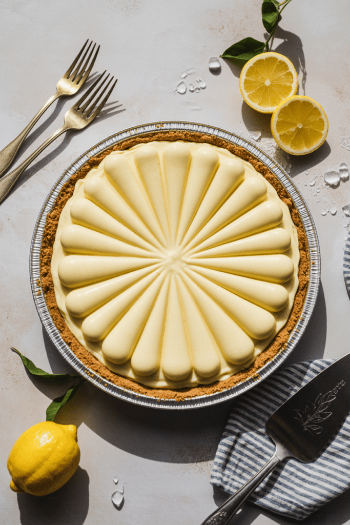 Real-life photo of lemon icebox pie, a chilled citrus dessert with creamy lemon filling and crisp graham crust, styled on a bright white kitchen counter with soft natural lighting.
