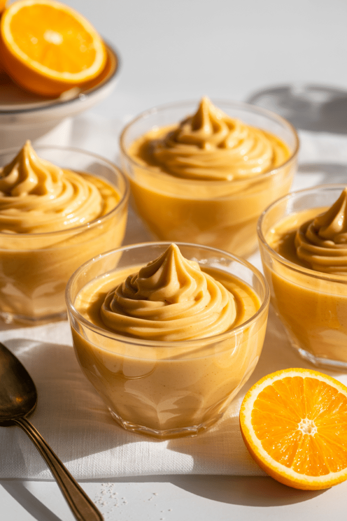 Real-life image of orange mousse, a light airy citrus dessert served in glass bowls with visible orange zest, styled on a bright white counter with soft natural light and minimal kitchen props.