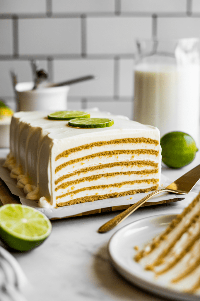 Real-life photo of key lime icebox cake, a chilled citrus dessert with visible layered cookies and whipped lime cream, styled on a white kitchen surface with soft natural light and minimal props.