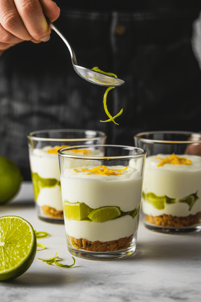 Real-life image of lime cheesecake parfaits, layered citrus desserts with creamy lime filling and cookie crumbs in glass cups, styled on a bright white kitchen counter with soft natural light and clean minimal styling.
