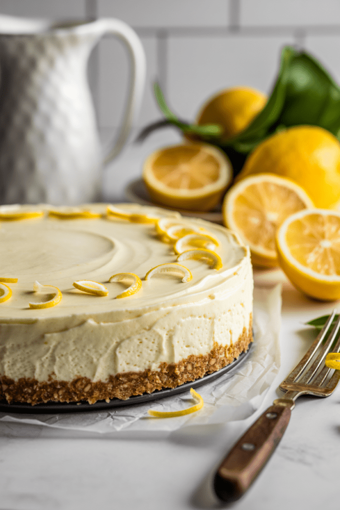 Real-life close-up of a no-bake lemon cheesecake, a creamy citrus dessert with smooth whipped filling and citrus zest garnish, styled on a bright white kitchen counter with soft natural light and minimal props.