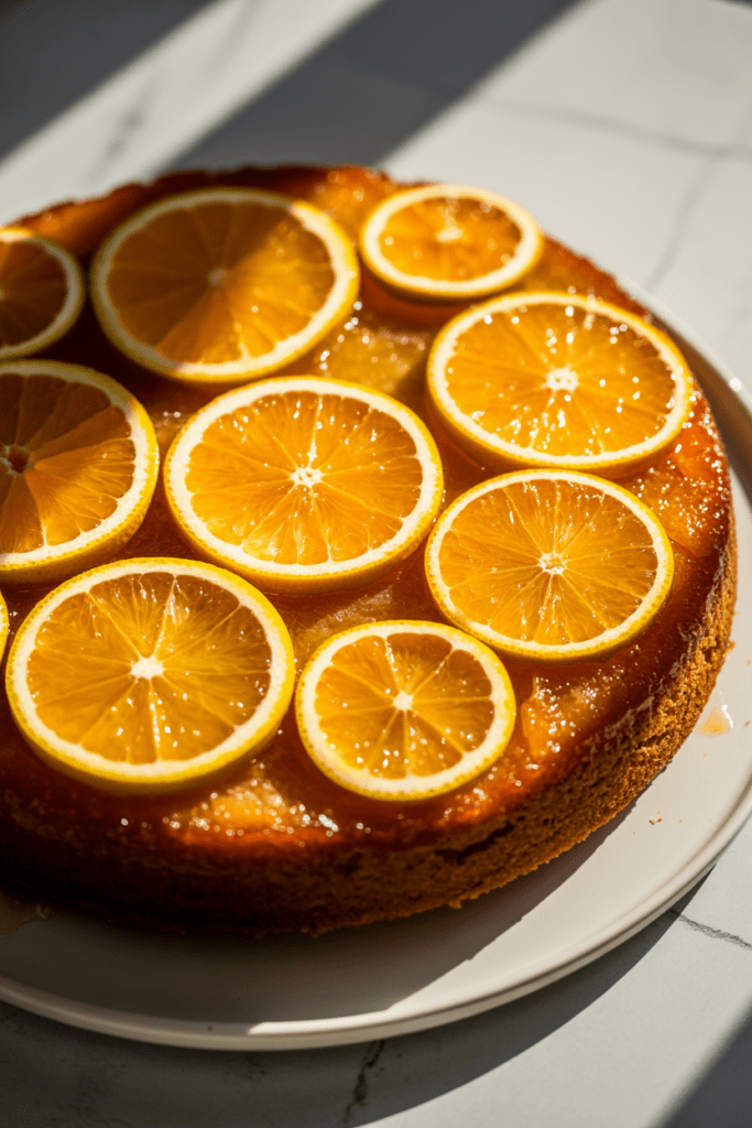 Real-life image of citrus upside-down cake, a glossy citrus dessert topped with caramelized slices of various citrus fruits, displayed on a white kitchen surface with soft natural shadows and a clean modern backdrop.