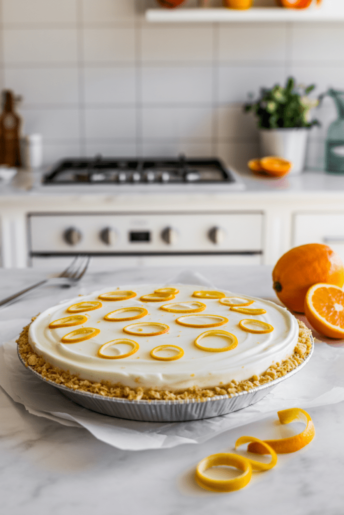 Real-life photo of citrus icebox pie, a cool citrus dessert with creamy layered filling and citrus zest garnish, styled on a bright white counter under soft natural kitchen lighting.