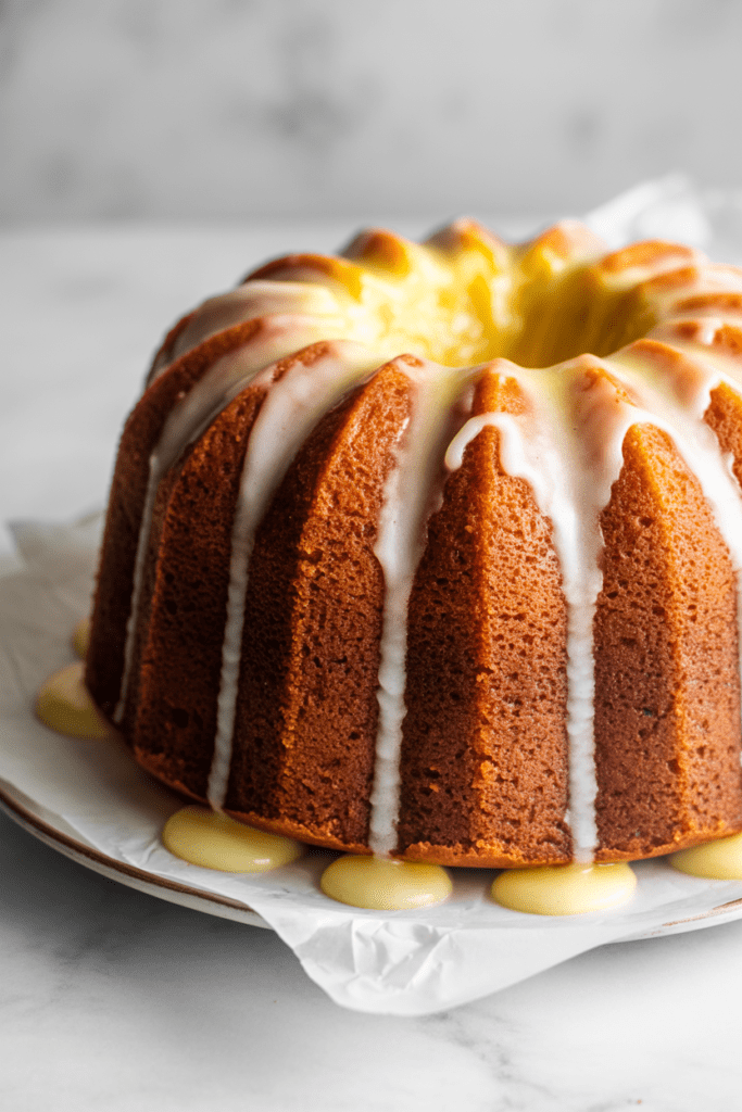 Real-life image of triple citrus pound cake, a citrus-forward dessert with a thick glossy glaze made from lemon, lime, and orange juices, styled on a bright white kitchen countertop with soft natural lighting.