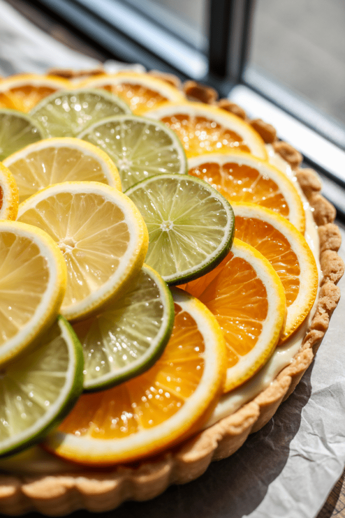 Real-life close-up of a mixed citrus tart, a vibrant citrus dessert topped with overlapping slices of lemon, lime, and orange arranged like stained glass, styled on a white kitchen surface with bright natural light.