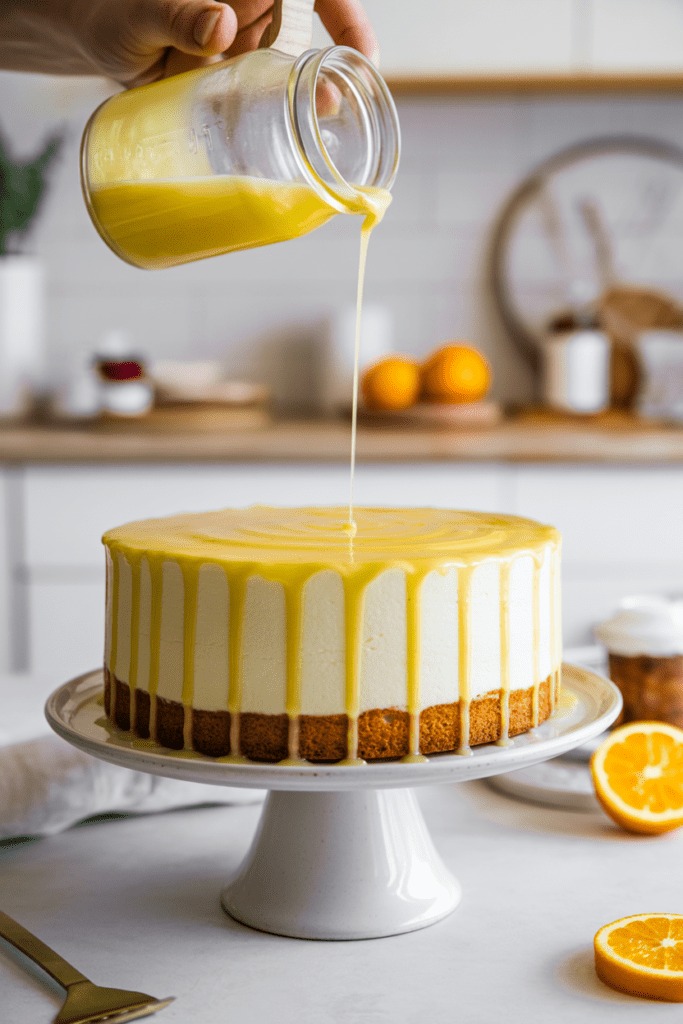 Real-life photo of a citrus sunshine cake, a layered citrus dessert with bright lemon, lime, and orange tones, topped with glossy citrus glaze and styled on a bright white kitchen counter with soft natural light and minimal props.