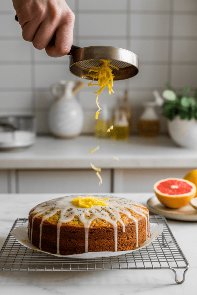 Real-life photo of grapefruit poppy seed cake, a citrus dessert loaf with pink grapefruit glaze and poppy seeds throughout, styled on a bright white kitchen surface in soft natural light with minimal styling.