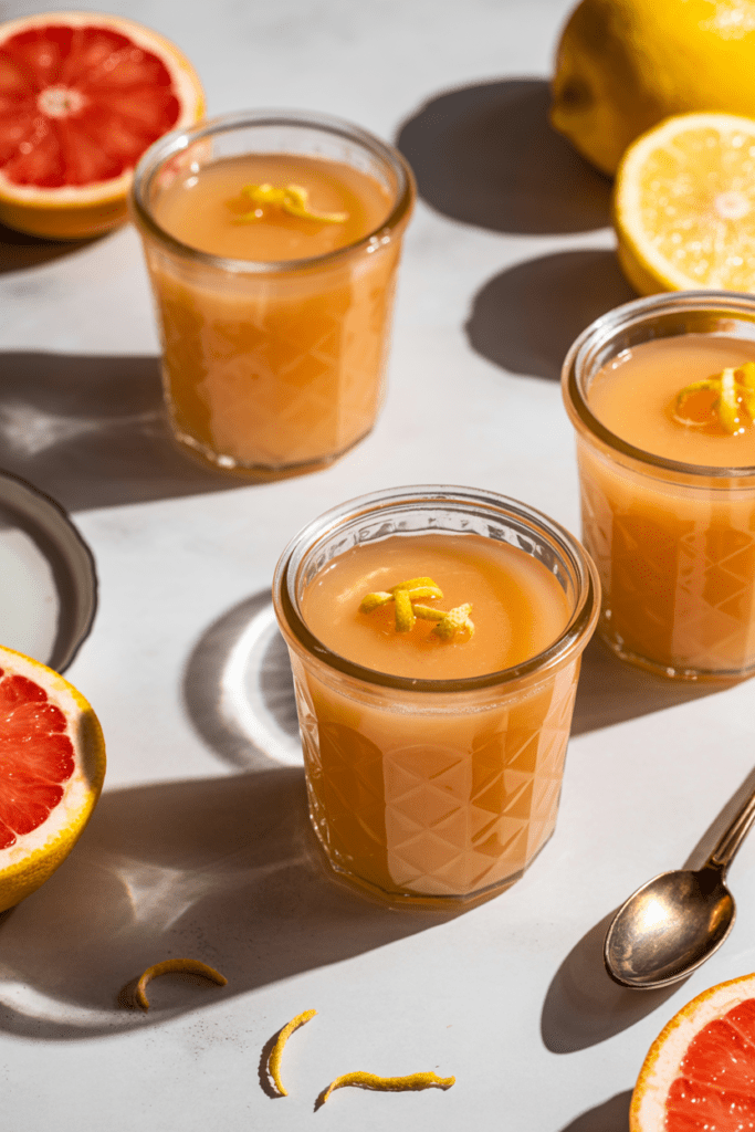 Real-life image of grapefruit posset, a creamy citrus dessert in glass jars with pink grapefruit tones and zest garnish, styled on a bright white surface with soft natural kitchen light and minimal props.