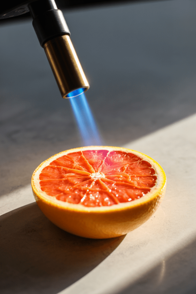 Real-life image of grapefruit brûlée, a citrus dessert featuring caramelized sugar crust over fresh grapefruit halves, photographed in a bright kitchen with soft shadows and clean white styling.