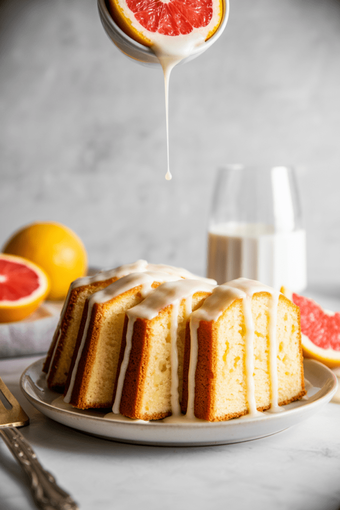 Real-life photo of grapefruit pound cake, a citrus dessert sliced to reveal its moist crumb with grapefruit zest throughout, displayed on a bright white kitchen counter with soft natural light and minimal styling.